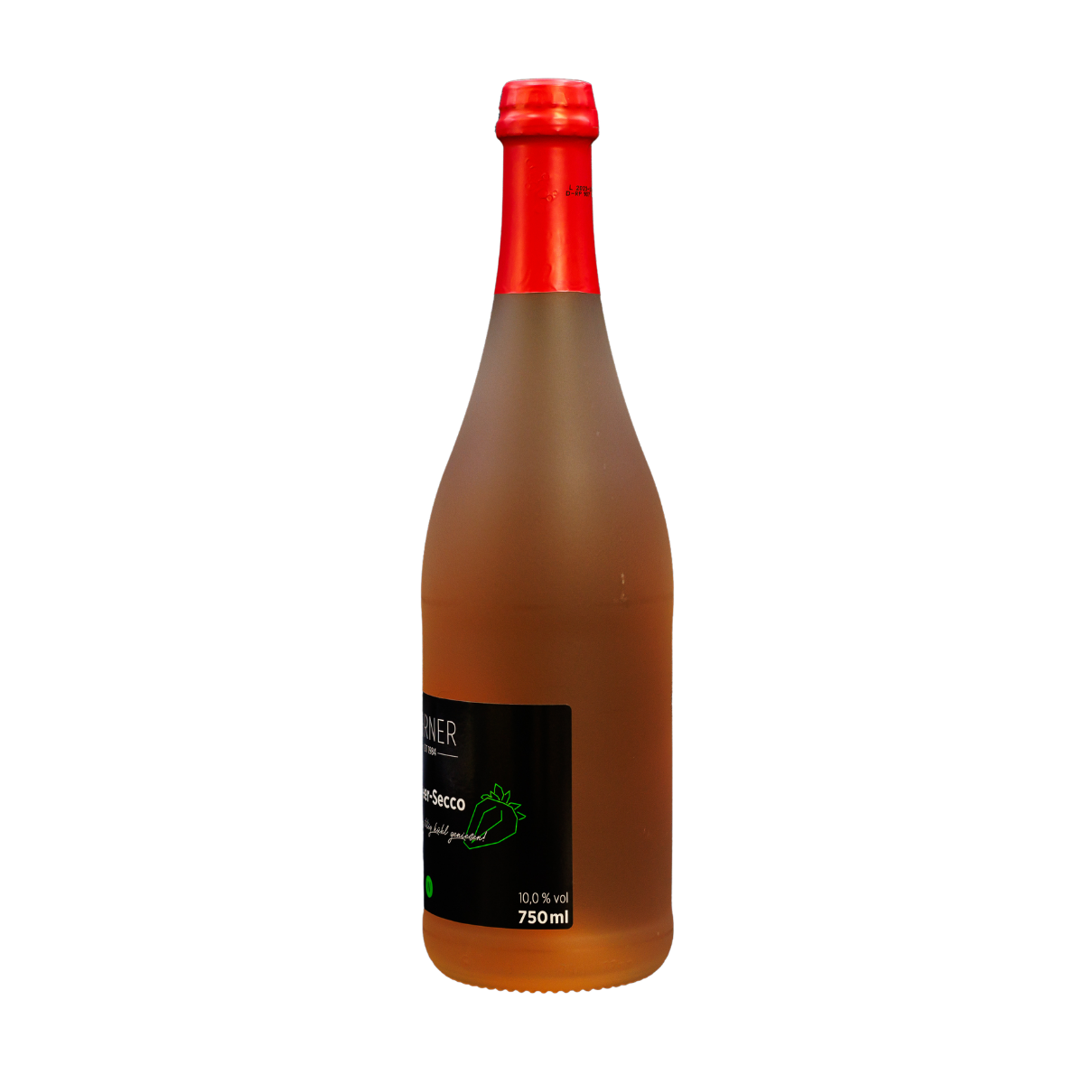 Flasche mit Rosé-Secco, 750 ml, mit rotem Korken. Der Secco hat einen Alkoholgehalt von 10,0 % vol und ist fruchtig sowie erfrischend. Ideal für gesellige Anlässe und Sommerabende.