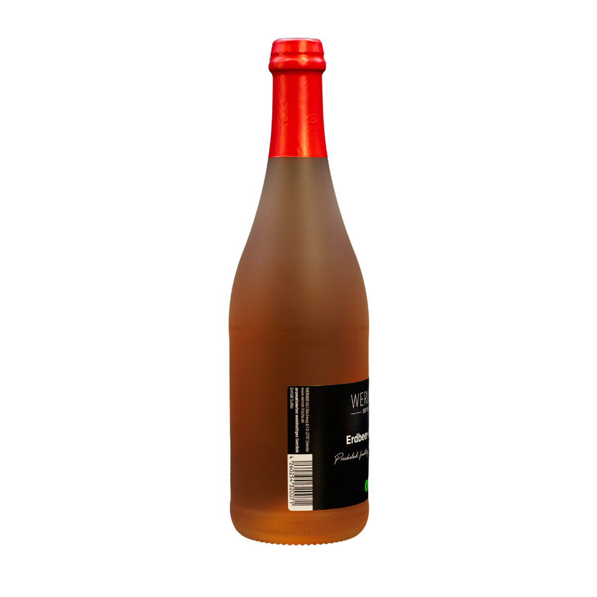 Flasche mit Erdbeergetränk, transparent mit einem mattierten Finish, rotem Schraubverschluss und schwarzem Etikett. Das Etikett trägt die Aufschrift "Erdbeer" und enthält einen Barcode. Ideal für Sommergetränke und fruchtige Cocktails.