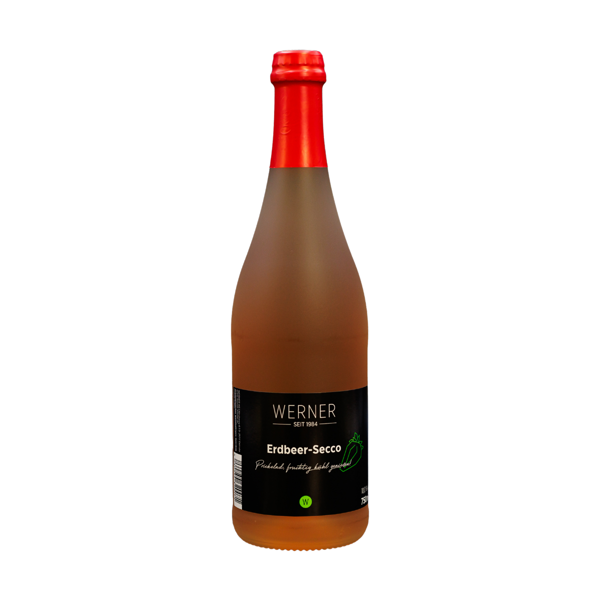 Flasche Erdbeer-Secco von Werner, seit 1964, mit rotem Deckel und schwarzer Etikettierung. Der Secco ist fruchtig und spritzig, ideal für festliche Anlässe oder entspannte Momente.