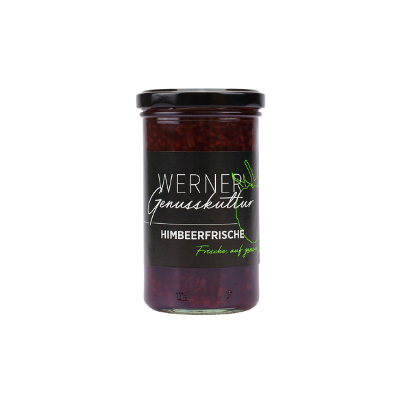 Glas mit Himbeerfrische von Werner Genusskultur, das fruchtige Marmelade enthält. Die Verpackung ist modern gestaltet, mit einem schwarzen Etikett und grünem Schriftzug, das die natürliche Frische der Himbeeren betont. Ideal für Brotaufstriche oder Desserts.